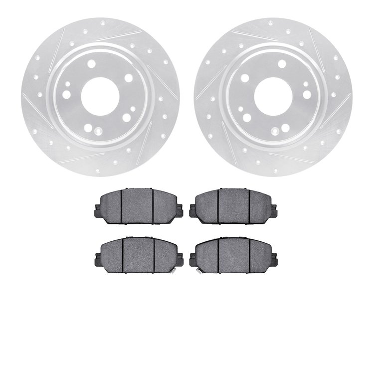 7502-59107 Drilled/Slotted Brake Rotors w/5000 Advanced Brake Pads Kit [Silver], Fits Select Acura/Honda, Position: Front