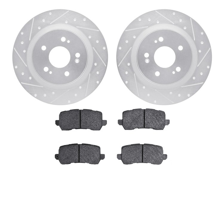 7502-59113 Drilled/Slotted Brake Rotors w/5000 Advanced Brake Pads Kit [Silver], Fits Select Acura/Honda, Position: Rear