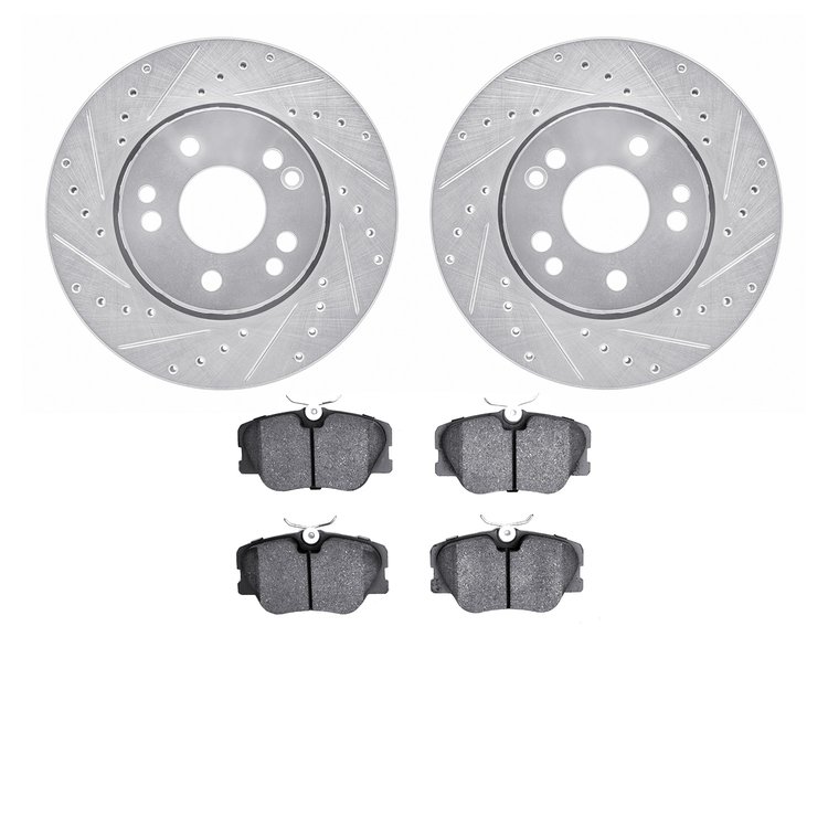 7502-63017 Drilled/Slotted Brake Rotors w/5000 Advanced Brake Pads Kit [Silver], 1990-1992 Mercedes-Benz, Position: Front