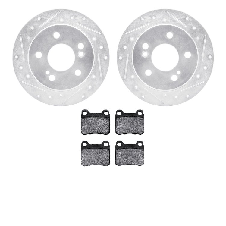 7502-63018 Drilled/Slotted Brake Rotors w/5000 Advanced Brake Pads Kit [Silver], 1984-1995 Mercedes-Benz, Position: Rear