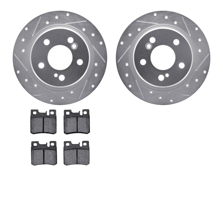 7502-63022 Drilled/Slotted Brake Rotors w/5000 Advanced Brake Pads Kit [Silver], 1990-1995 Mercedes-Benz, Position: Rear