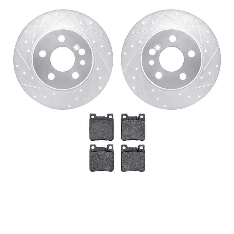 7502-63023 Drilled/Slotted Brake Rotors w/5000 Advanced Brake Pads Kit [Silver], 1991-1999 Mercedes-Benz, Position: Rear