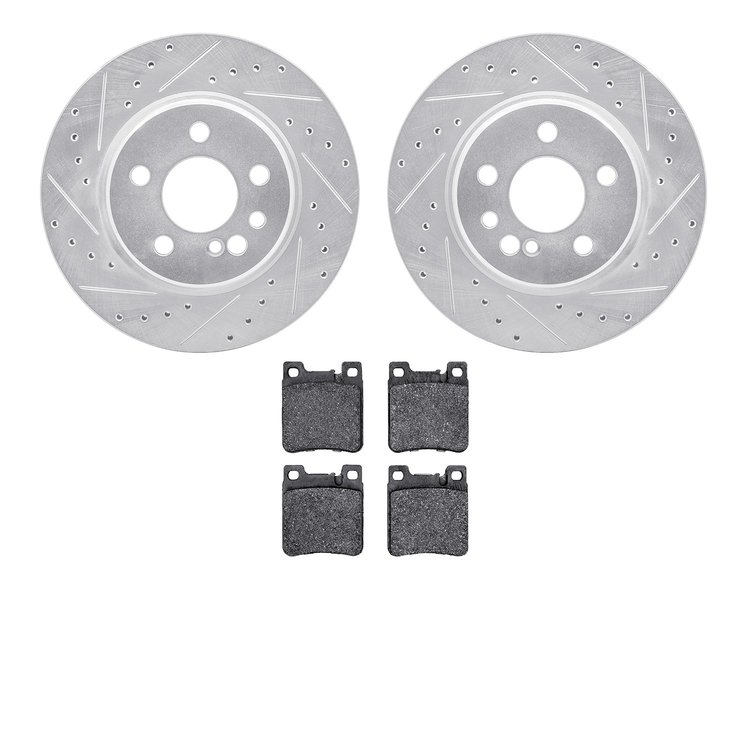 7502-63025 Drilled/Slotted Brake Rotors w/5000 Advanced Brake Pads Kit [Silver], 1992-1999 Mercedes-Benz, Position: Rear