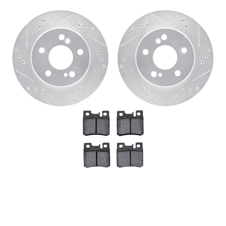 7502-63027 Drilled/Slotted Brake Rotors w/5000 Advanced Brake Pads Kit [Silver], 1992-1995 Mercedes-Benz, Position: Rear