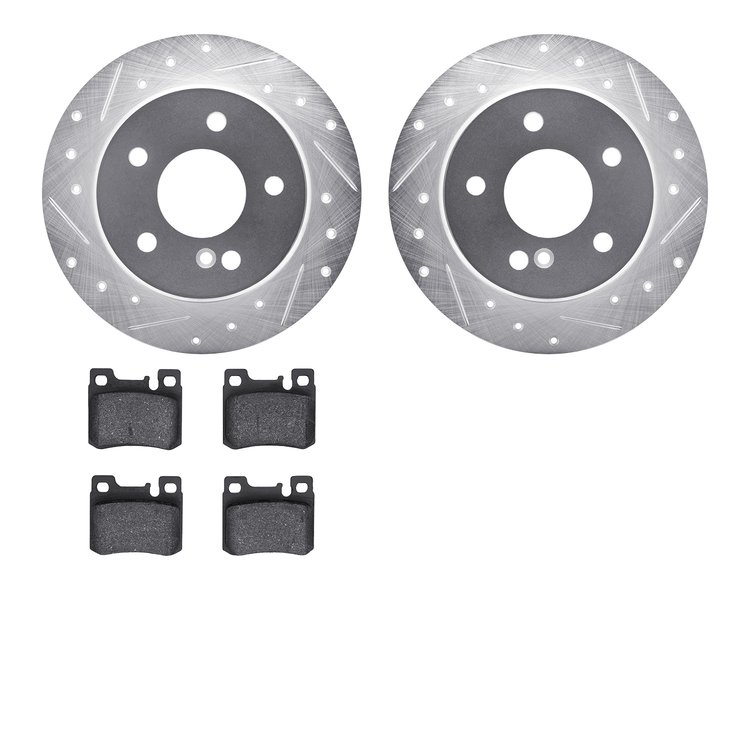 7502-63029 Drilled/Slotted Brake Rotors w/5000 Advanced Brake Pads Kit [Silver], 1994-1995 Mercedes-Benz, Position: Rear