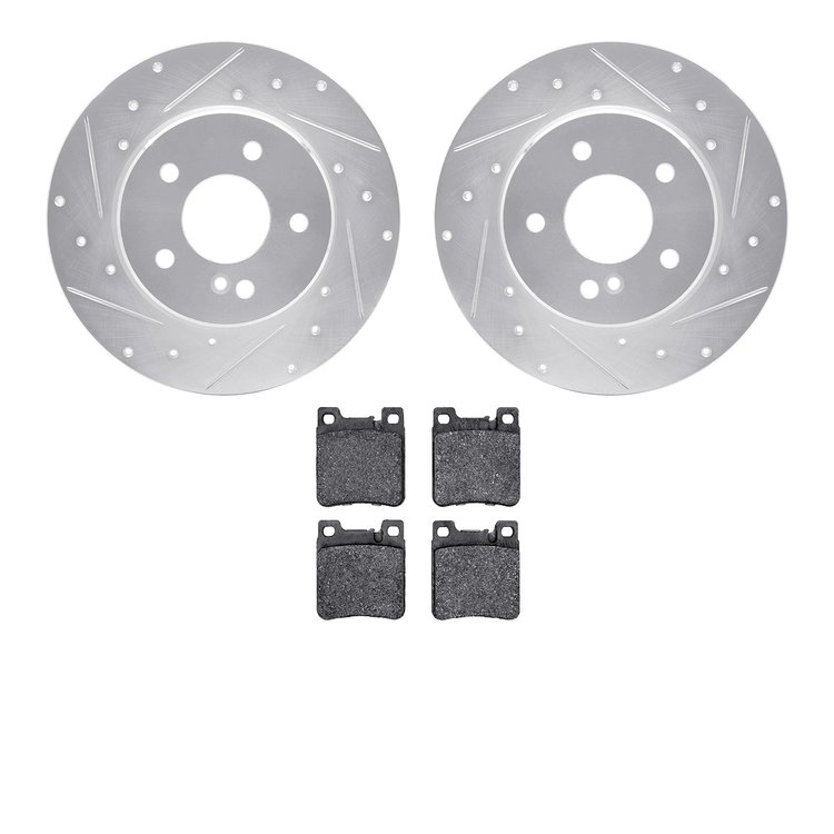 7502-63033 Drilled/Slotted Brake Rotors w/5000 Advanced Brake Pads Kit [Silver], 1994-2000 Mercedes-Benz, Position: Rear