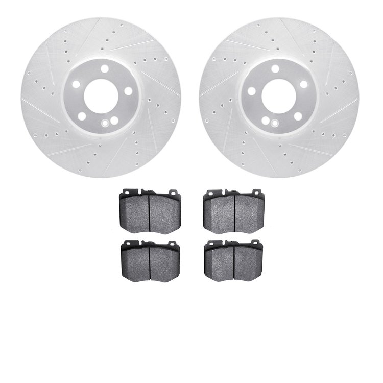 7502-63065 Drilled/Slotted Brake Rotors w/5000 Advanced Brake Pads Kit [Silver], Fits Select Mercedes-Benz, Position: Front