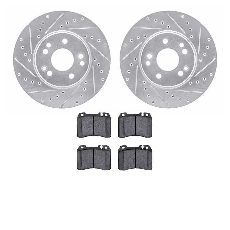 7502-63206 Drilled/Slotted Brake Rotors w/5000 Advanced Brake Pads Kit [Silver], 1990-1998 Mercedes-Benz, Position: Front
