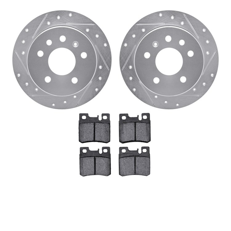7502-65010 Drilled/Slotted Brake Rotors w/5000 Advanced Brake Pads Kit [Silver], 1994-1996 GM, Position: Rear