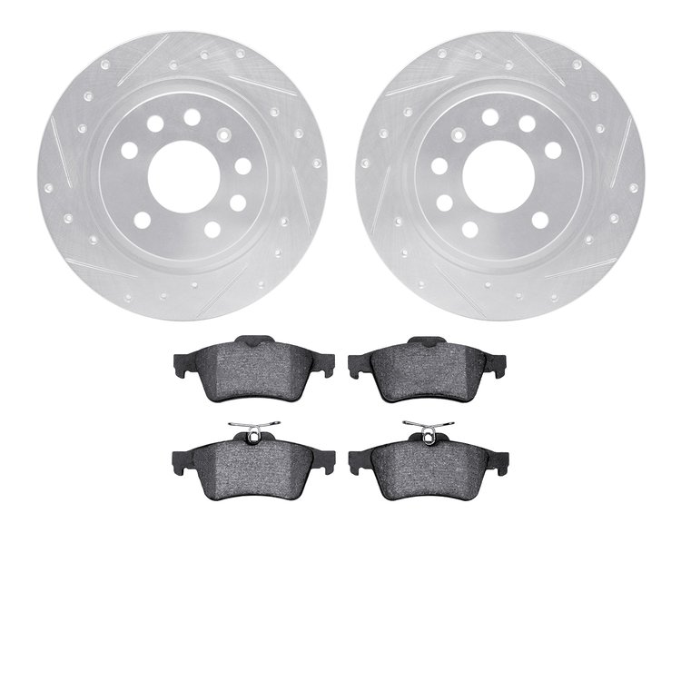 7502-65019 Drilled/Slotted Brake Rotors w/5000 Advanced Brake Pads Kit [Silver], 2003-2003 GM, Position: Rear