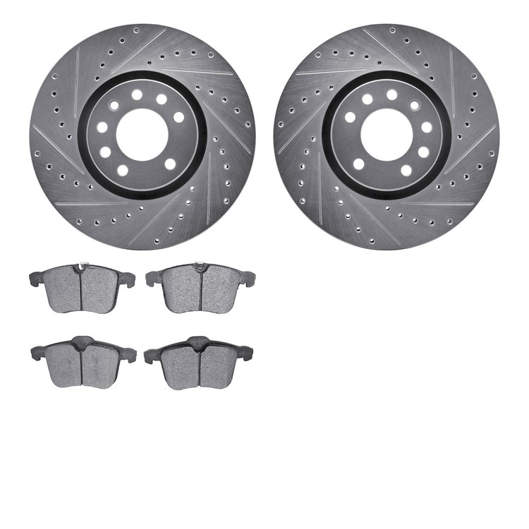 7502-65022 Drilled/Slotted Brake Rotors w/5000 Advanced Brake Pads Kit [Silver], 2003-2011 GM, Position: Front