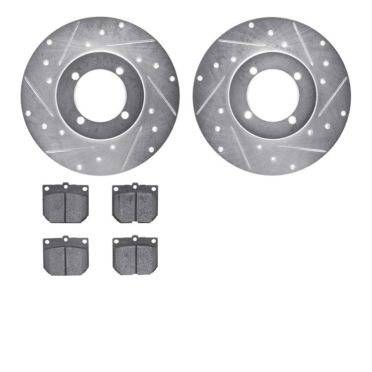 7502-67006 Drilled/Slotted Brake Rotors w/5000 Advanced Brake Pads Kit [Silver], 1970-1973 Infiniti/Nissan, Position: Front