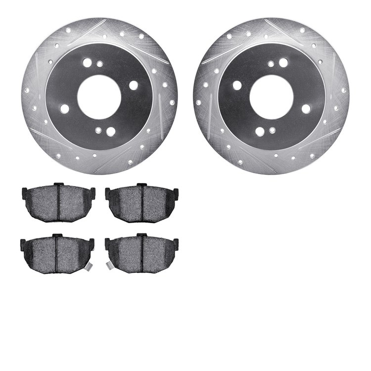 7502-67009 Drilled/Slotted Brake Rotors w/5000 Advanced Brake Pads Kit [Silver], 1984-1984 Infiniti/Nissan, Position: Rear