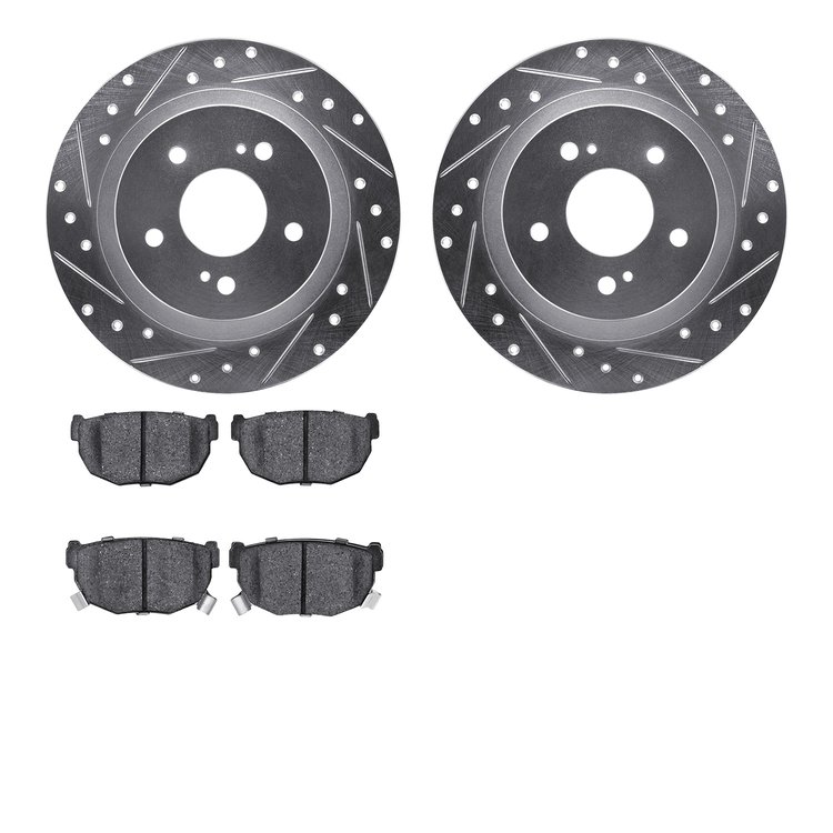 7502-67014 Drilled/Slotted Brake Rotors w/5000 Advanced Brake Pads Kit [Silver], 1984-1988 Infiniti/Nissan, Position: Rear
