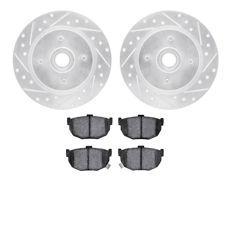 7502-67015 Drilled/Slotted Brake Rotors w/5000 Advanced Brake Pads Kit [Silver], 1984-1987 Infiniti/Nissan, Position: Rear