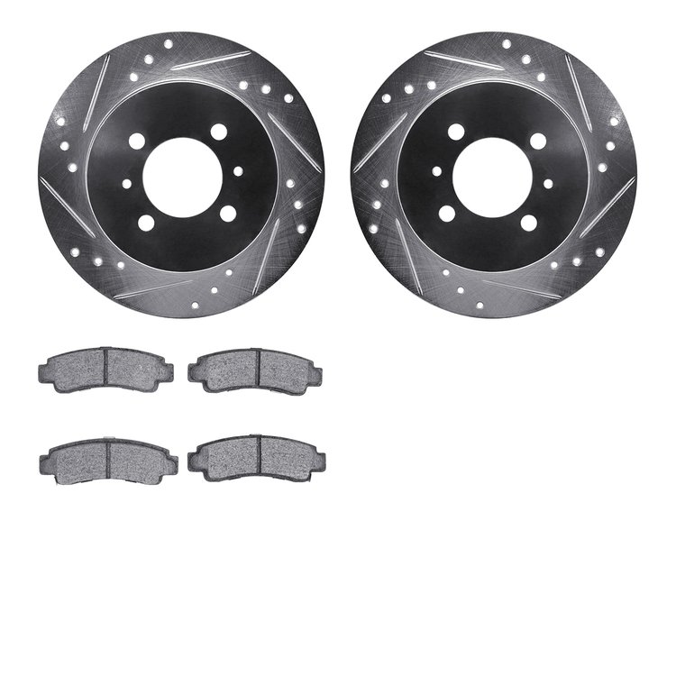 7502-67032 Drilled/Slotted Brake Rotors w/5000 Advanced Brake Pads Kit [Silver], 1991-1994 Infiniti/Nissan, Position: Rear