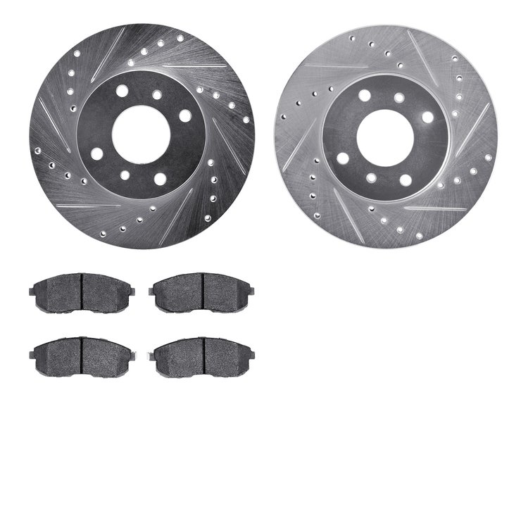 7502-67035 Drilled/Slotted Brake Rotors w/5000 Advanced Brake Pads Kit [Silver], 1993-2006 Infiniti/Nissan, Position: Front