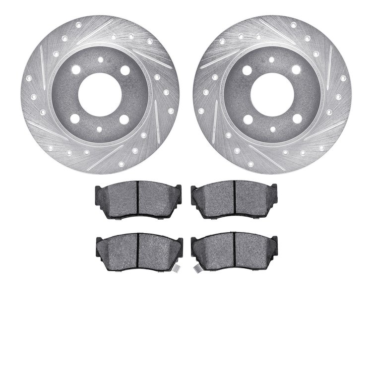 7502-67085 Drilled/Slotted Brake Rotors w/5000 Advanced Brake Pads Kit [Silver], 1995-2006 Infiniti/Nissan, Position: Front