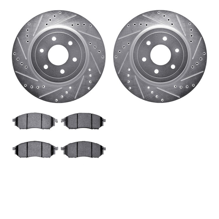 7502-67094 Drilled/Slotted Brake Rotors w/5000 Advanced Brake Pads Kit [Silver], 2008-2011 Infiniti/Nissan, Position: Front