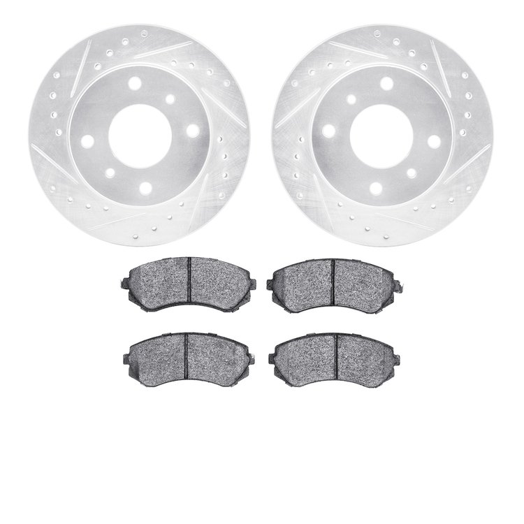 7502-67106 Drilled/Slotted Brake Rotors w/5000 Advanced Brake Pads Kit [Silver], 1989-1996 Infiniti/Nissan, Position: Front