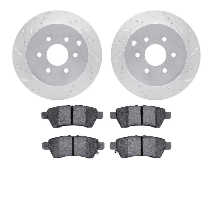 7502-67111 Drilled/Slotted Brake Rotors w/5000 Advanced Brake Pads Kit [Silver], 2005-2012 Infiniti/Nissan, Position: Rear
