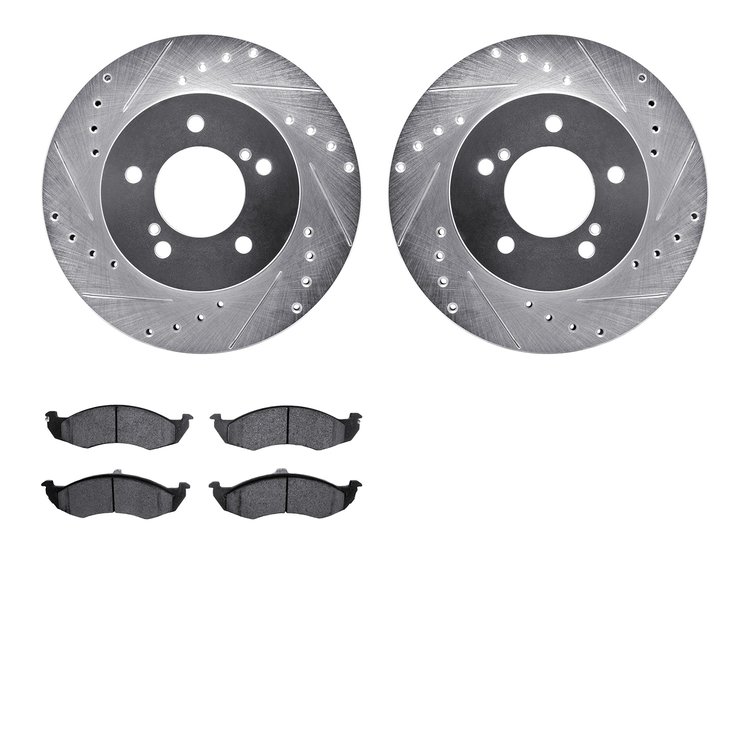 7502-67114 Drilled/Slotted Brake Rotors w/5000 Advanced Brake Pads Kit [Silver], 1996-2002 Ford/Lincoln/Mercury/Mazda, Position: