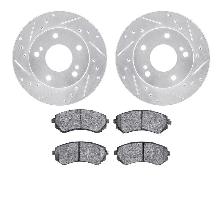 7502-67172 Drilled/Slotted Brake Rotors w/5000 Advanced Brake Pads Kit [Silver], 1994-1996 Infiniti/Nissan, Position: Front