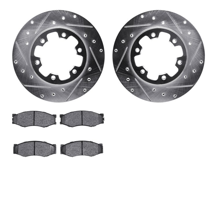 7502-67275 Drilled/Slotted Brake Rotors w/5000 Advanced Brake Pads Kit [Silver], 1983-1985 Infiniti/Nissan, Position: Front