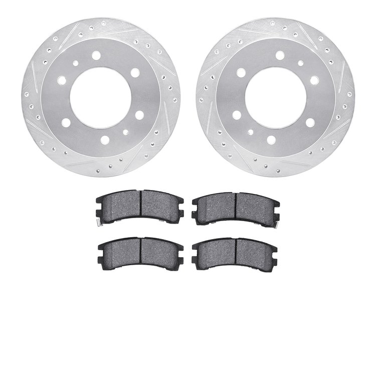 7502-67290 Drilled/Slotted Brake Rotors w/5000 Advanced Brake Pads Kit [Silver], 1988-1995 Infiniti/Nissan, Position: Rear