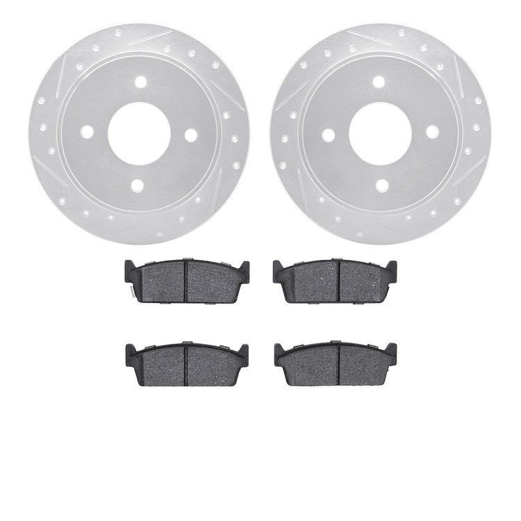 7502-68001 Drilled/Slotted Brake Rotors w/5000 Advanced Brake Pads Kit [Silver], 1990-1992 Infiniti/Nissan, Position: Rear