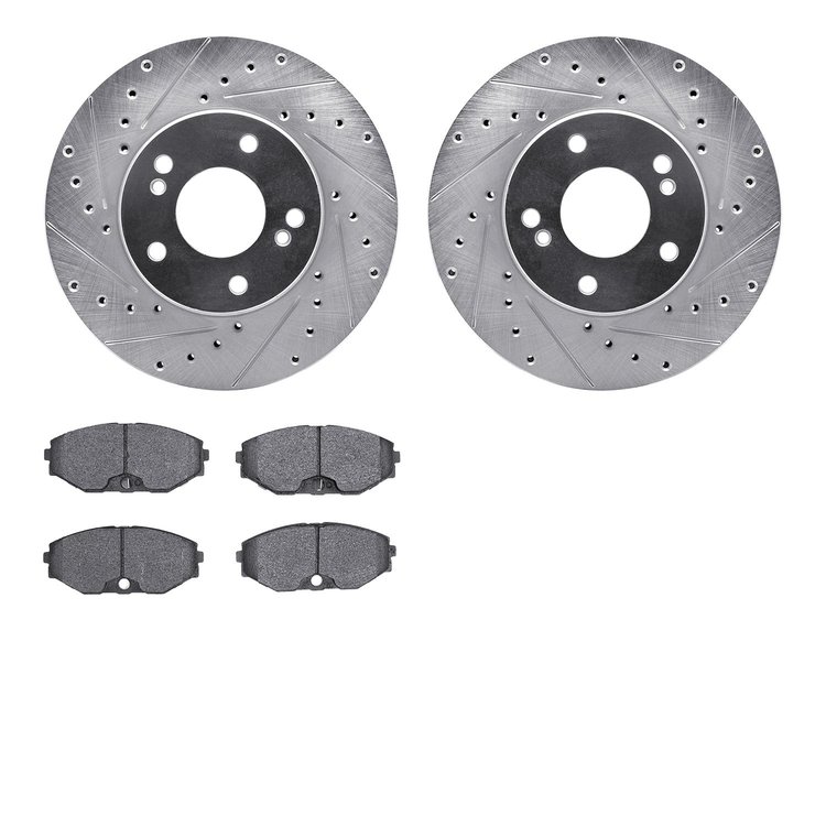 7502-68002 Drilled/Slotted Brake Rotors w/5000 Advanced Brake Pads Kit [Silver], 1993-1997 Infiniti/Nissan, Position: Front
