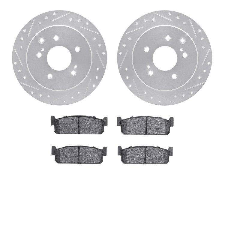 7502-68003 Drilled/Slotted Brake Rotors w/5000 Advanced Brake Pads Kit [Silver], 1994-1996 Infiniti/Nissan, Position: Rear