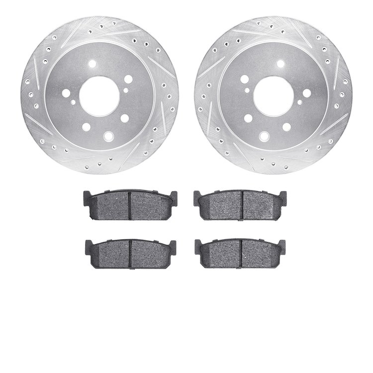 7502-68004 Drilled/Slotted Brake Rotors w/5000 Advanced Brake Pads Kit [Silver], 1993-2001 Infiniti/Nissan, Position: Rear