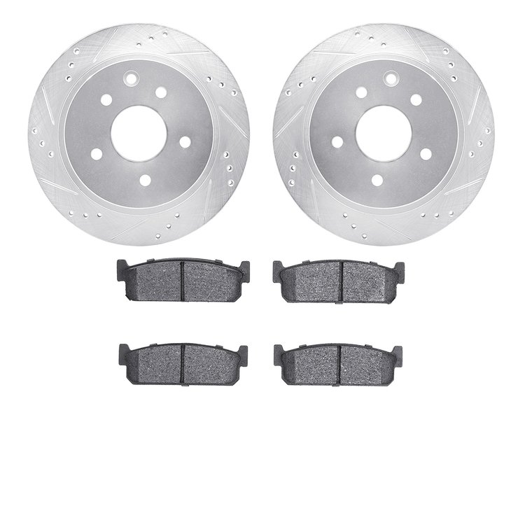 7502-68006 Drilled/Slotted Brake Rotors w/5000 Advanced Brake Pads Kit [Silver], 2002-2006 Infiniti/Nissan, Position: Rear