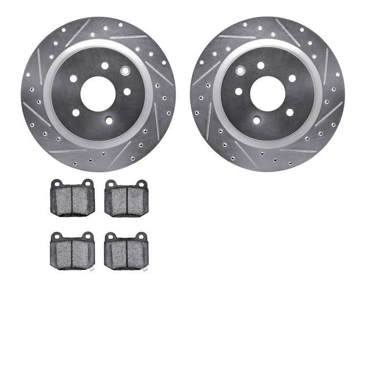 7502-68010 Drilled/Slotted Brake Rotors w/5000 Advanced Brake Pads Kit [Silver], 2003-2008 Infiniti/Nissan, Position: Rear