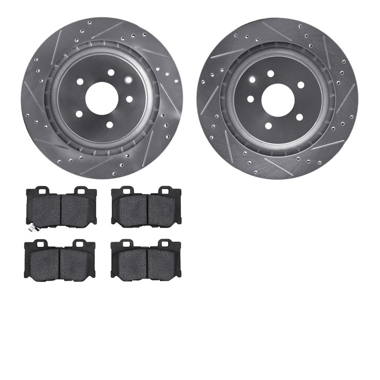 7502-68012 Drilled/Slotted Brake Rotors w/5000 Advanced Brake Pads Kit [Silver], 2008-2020 Infiniti/Nissan, Position: Rear