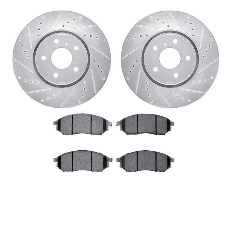7502-68016 Drilled/Slotted Brake Rotors w/5000 Advanced Brake Pads Kit [Silver], 2005-2013 Infiniti/Nissan, Position: Front