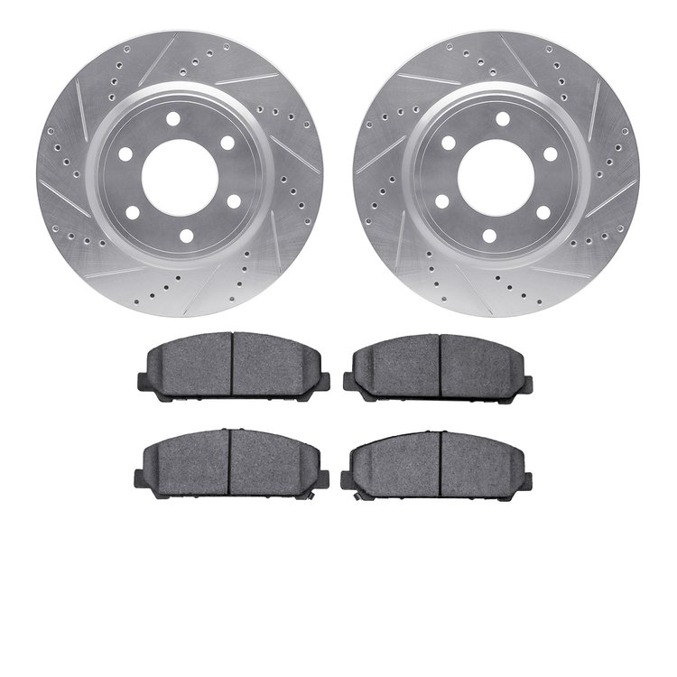 7502-68018 Drilled/Slotted Brake Rotors w/5000 Advanced Brake Pads Kit [Silver], Fits Select Infiniti/Nissan, Position: Front