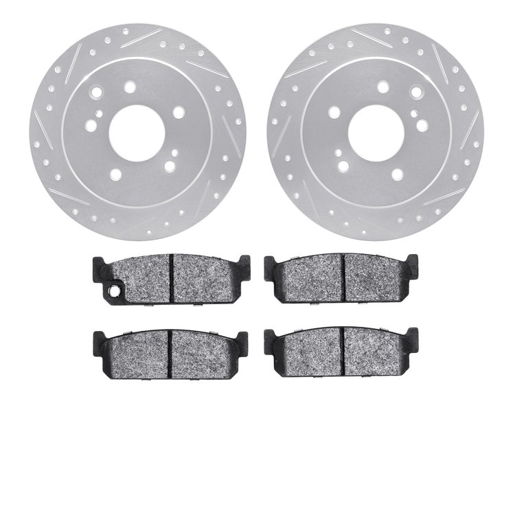 7502-68026 Drilled/Slotted Brake Rotors w/5000 Advanced Brake Pads Kit [Silver], 1990-1993 Infiniti/Nissan, Position: Rear