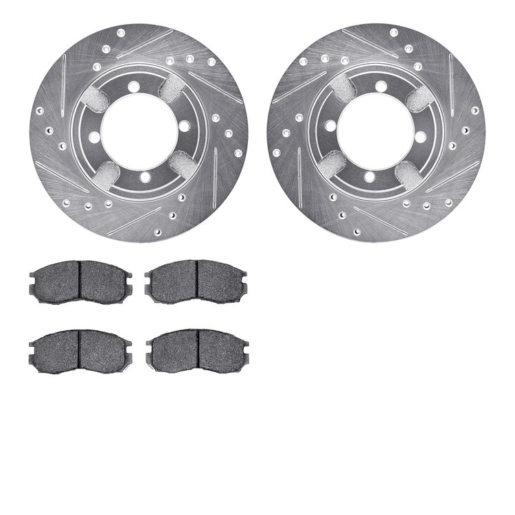 7502-72018 Drilled/Slotted Brake Rotors w/5000 Advanced Brake Pads Kit [Silver], 1991-1991 Mitsubishi, Position: Front
