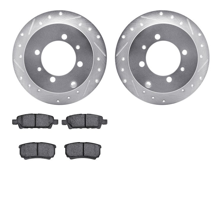 7502-72021 Drilled/Slotted Brake Rotors w/5000 Advanced Brake Pads Kit [Silver], 2004-2004 Mitsubishi, Position: Rear