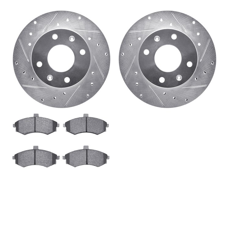 7502-72026 Drilled/Slotted Brake Rotors w/5000 Advanced Brake Pads Kit [Silver], 2002-2005 Kia/Hyundai/Genesis, Position: Front