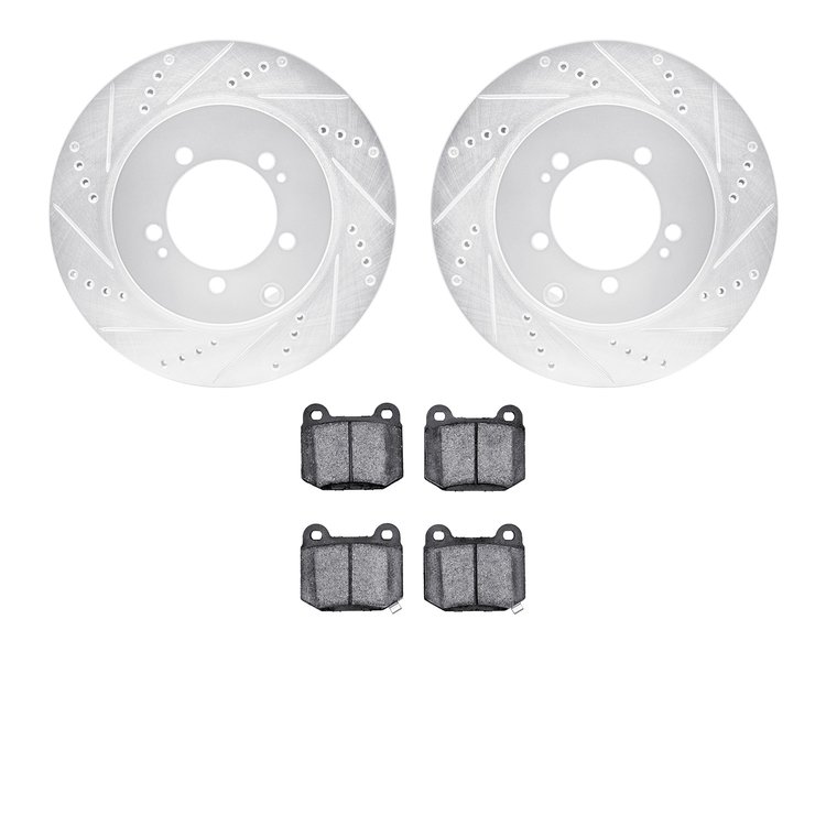 7502-72040 Drilled/Slotted Brake Rotors w/5000 Advanced Brake Pads Kit [Silver], 2003-2006 Mitsubishi, Position: Rear