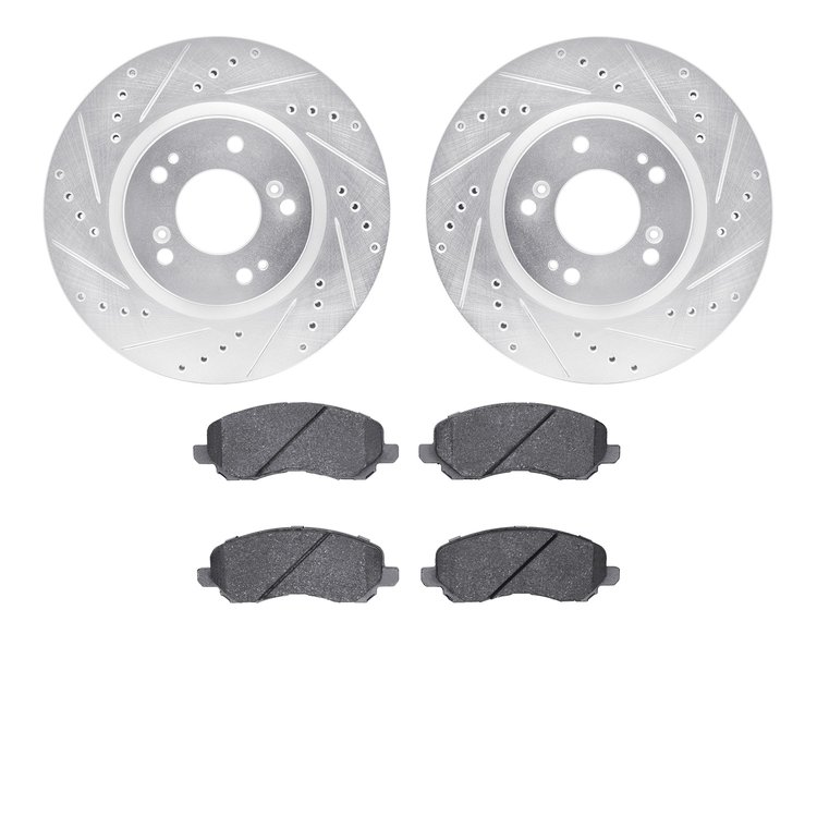 7502-72042 Drilled/Slotted Brake Rotors w/5000 Advanced Brake Pads Kit [Silver], 2004-2012 Mitsubishi, Position: Front
