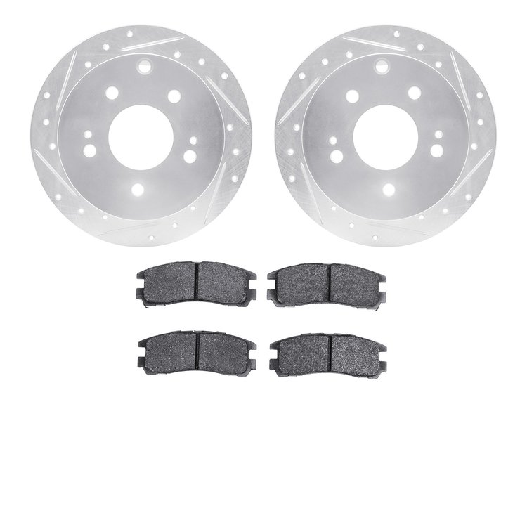 7502-72043 Drilled/Slotted Brake Rotors w/5000 Advanced Brake Pads Kit [Silver], 2004-2012 Mitsubishi, Position: Rear