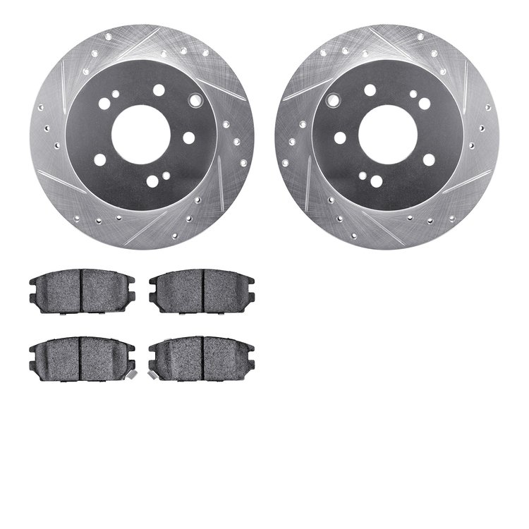 7502-72046 Drilled/Slotted Brake Rotors w/5000 Advanced Brake Pads Kit [Silver], 2006-2012 Mitsubishi, Position: Rear