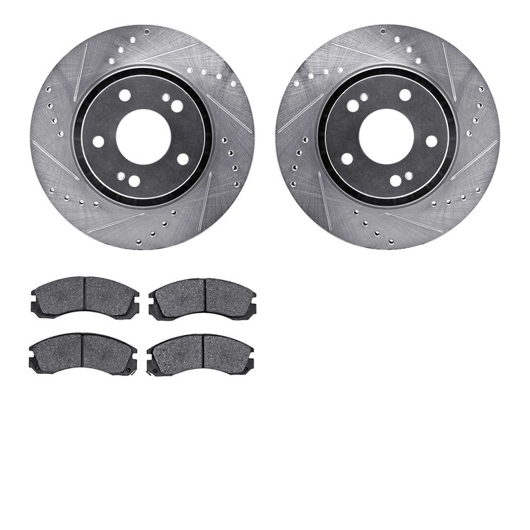 7502-72051 Drilled/Slotted Brake Rotors w/5000 Advanced Brake Pads Kit [Silver], 2009-2015 Mitsubishi, Position: Front