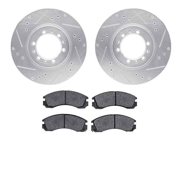 7502-72063 Drilled/Slotted Brake Rotors w/5000 Advanced Brake Pads Kit [Silver], 1994-2000 Mitsubishi, Position: Front