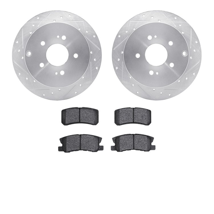 7502-72064 Drilled/Slotted Brake Rotors w/5000 Advanced Brake Pads Kit [Silver], 2004-2011 Mitsubishi, Position: Rear