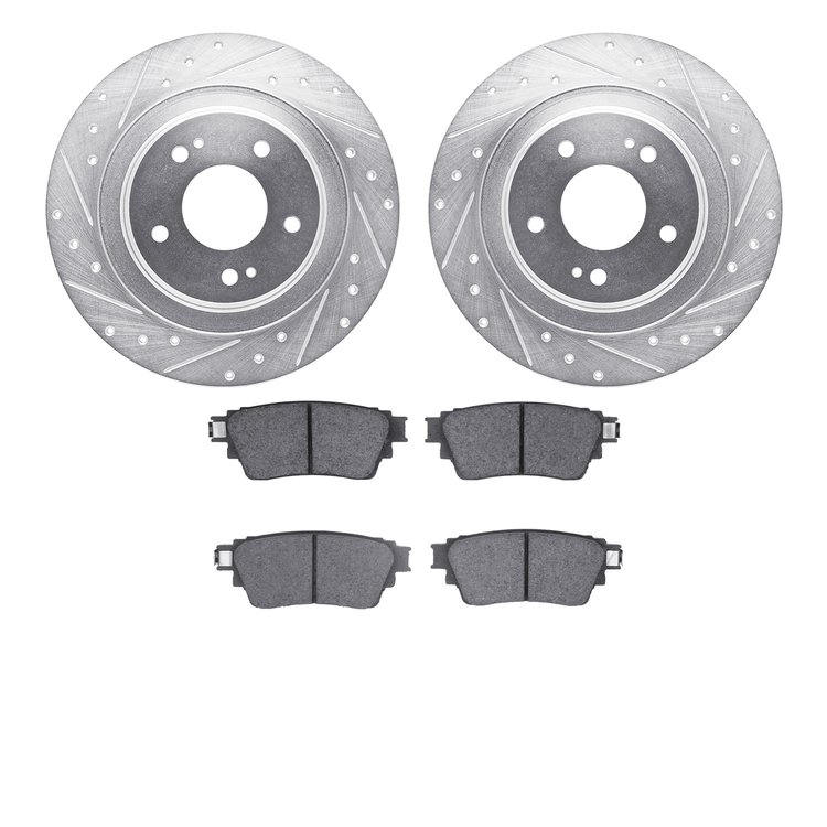 7502-72066 Drilled/Slotted Brake Rotors w/5000 Advanced Brake Pads Kit [Silver], Fits Select Mitsubishi, Position: Rear